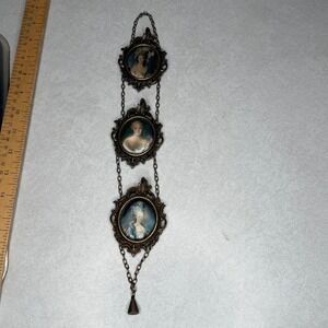 Vintage Italian Brass Hanging Triple Miniature Portrait Marie Antoinette silk